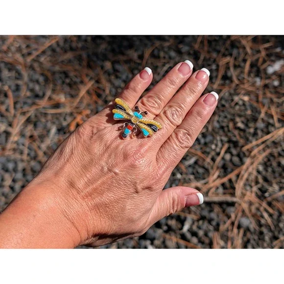 Zuni Dragonfly Inlay Ring Multi Stone Sterling Silver Sz 7.25 Signed Pinto - Picture 10 of 10